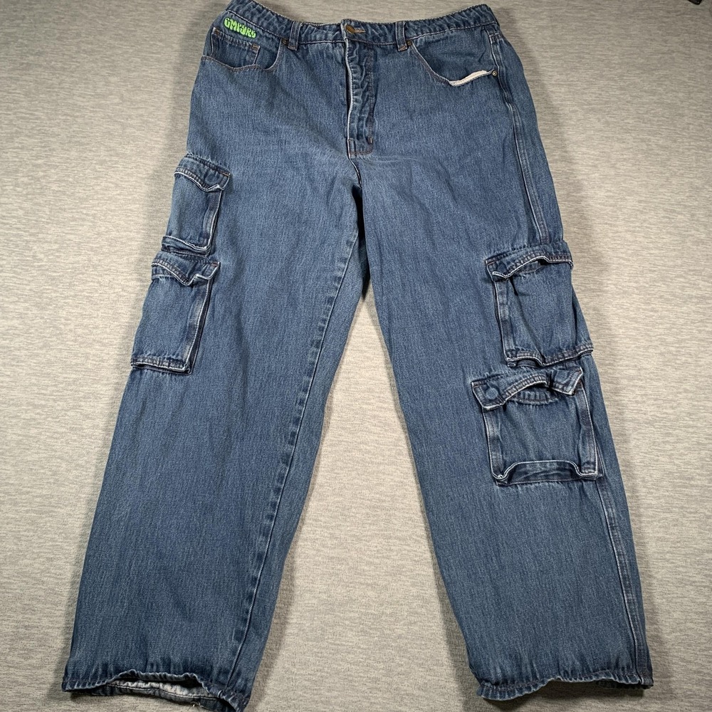Empyre Tori Jeans Womens Large Blue Cargo Jogger Denim Elastic Cuffs Pockets Y2K